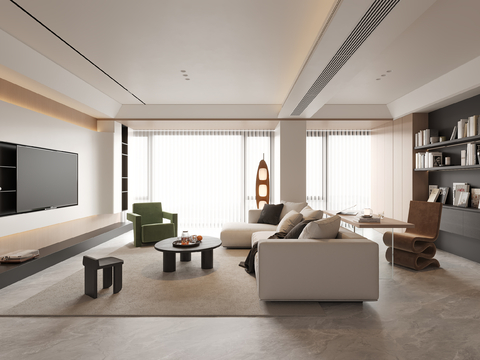 现代客厅 横厅 极简客厅 复式客厅 沙发茶几组合 休闲椅 凳su模型