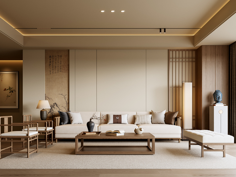 新中式客厅su模型