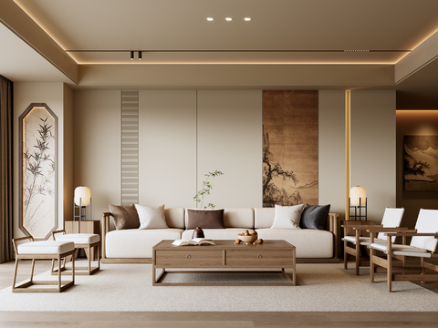 新中式客厅su模型