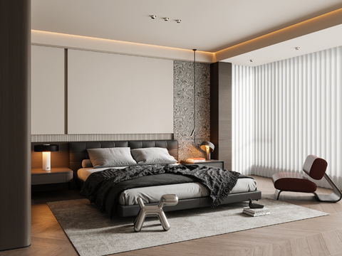 现代意式卧室 皮质双人床 床头柜 吊灯 休闲椅 地毯su模型