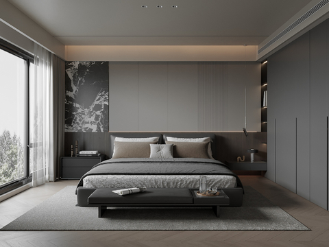 现代意式卧室 床 衣柜su模型