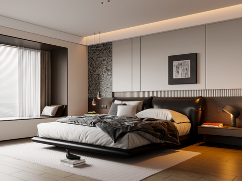 现代意式卧室 皮质双人床 床头柜 吊灯 挂画 地毯su模型