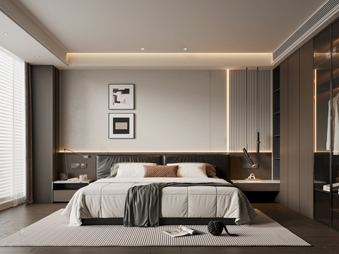 现代意式卧室主卧 酒店暗黑风卧室 意式卧室背景墙 极简皮革床su模型