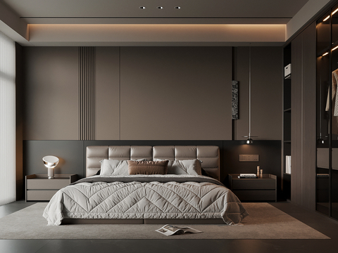 现代意式卧室 双人床 床品 床头柜 衣柜su模型