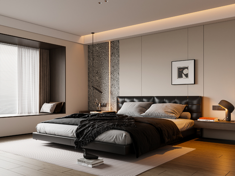 现代意式卧室 皮质双人床 床头柜 吊灯 挂画 地毯su模型