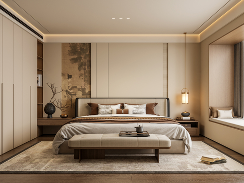 禅意新中式家居卧室 宋氏无主灯卧室 布艺双人床 宋代美学背景su模型