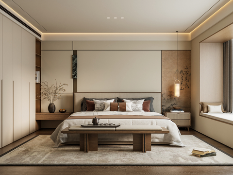 禅意新中式家居卧室 宋代美学卧室背景 布艺双人床 床头柜吊线su模型