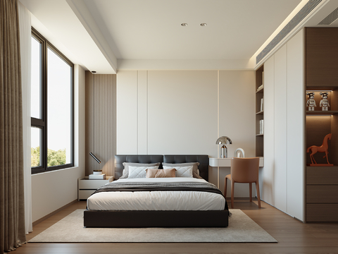 现代卧室 次卧 书桌 吊灯 衣柜su模型