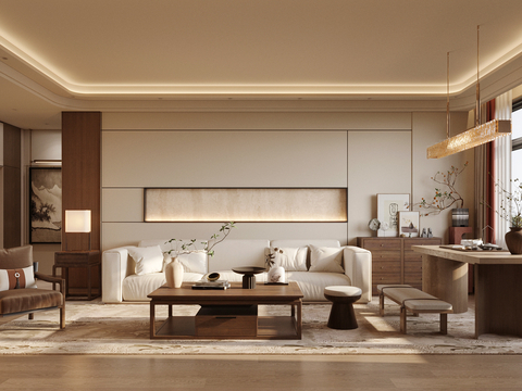 新中式禅意家居客厅 中式客厅 宋式美学客厅 无主灯客厅su模型