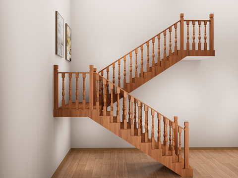 欧式木质扶手楼梯 转角楼梯 新中式扶手楼梯 实木楼梯 木材su模型