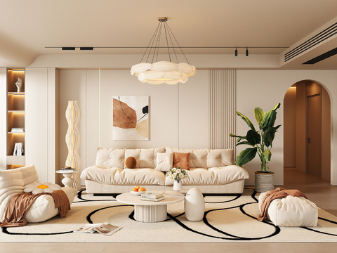 现代奶油风客厅su模型