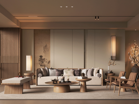 新中式中古风客厅su模型