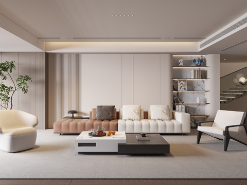 现代家居客厅 沙发茶几组合 休闲椅 单人沙发 绿植 摆件su模型