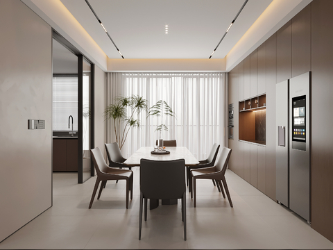 现代意式餐厅 餐桌椅 餐边柜 酒柜su模型