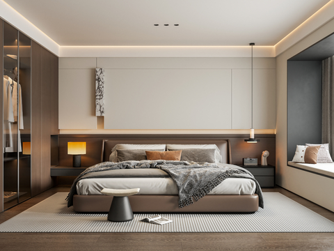 意式轻奢家居卧室 床头背景墙 皮质双人床 床头柜吊线灯su模型