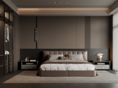 现代意式卧室 双人床 床品 床头柜 衣柜su模型