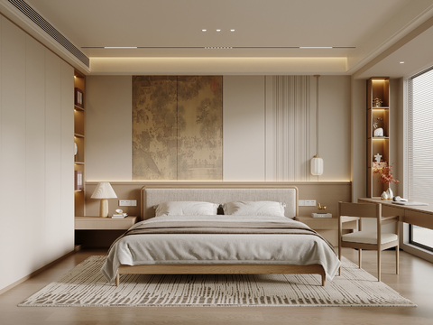 新中式卧室 双人床 书桌su模型