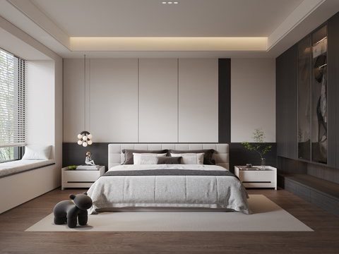 现代家居卧室 双人床 摆件 衣柜 主卧室 简约 飘窗卧室 吊su模型