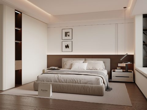 现代意式卧室  衣柜 双人床 飘窗 木饰面背景su模型