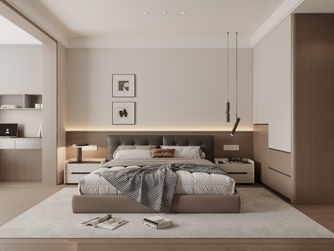 现代意式卧室  衣柜 双人床 飘窗 木饰面背景su模型