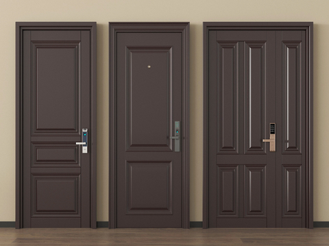 新中式防盗门 入户门 指纹锁门 单开门 子母门su模型