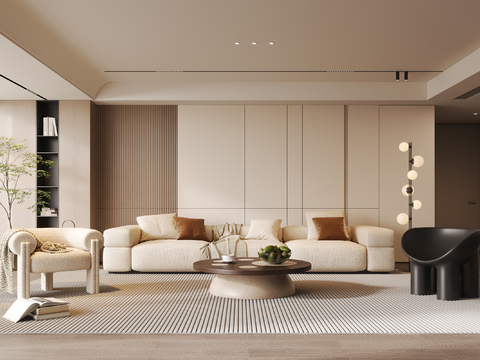 奶油风家居客厅 无主灯 沙发组合su模型