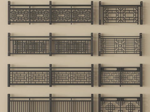 新中式围栏护栏 铁艺栏杆 扶手su模型