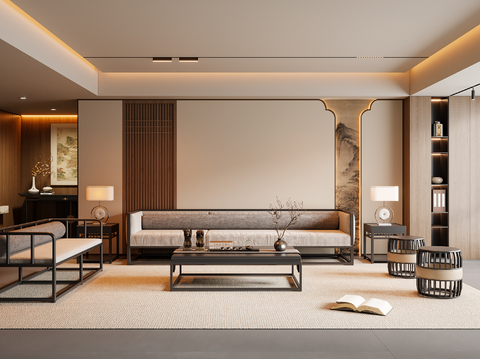 新中式宋式风客厅 沙发茶几 多人沙发 休闲椅 地毯su模型