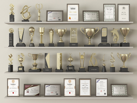 现代奖状 奖杯 奖牌 荣誉证书su模型