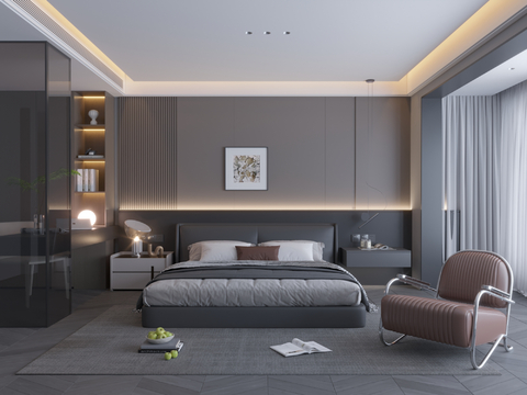 意式极简卧室主卧飘窗卧室极简卧室无主灯卧室意式简约卧室su模型