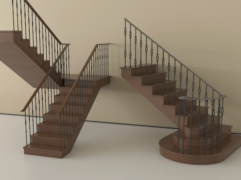 美式中古扶手转角楼梯 楼梯扶手 栏杆 立柱 室内 金属 木材su模型