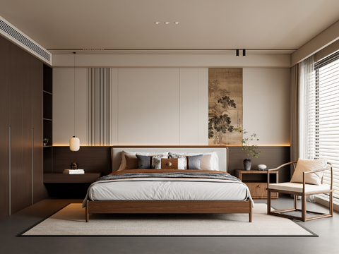 新中式卧室 实木双人床 床头柜 吊灯 休闲椅 地毯su模型