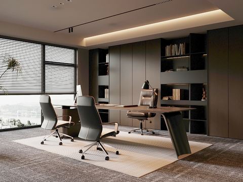 现代经理办公室 办公桌 书柜su模型