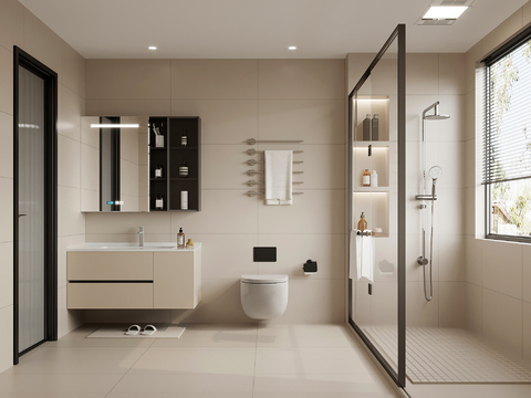 现代简约卫生间 浴室柜 马桶 花洒su模型