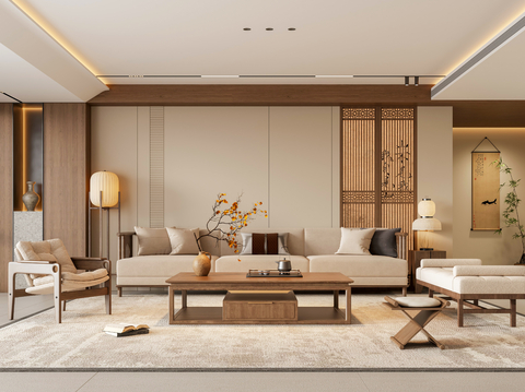 禅意新中式家居客厅 宋代美学背景墙 宋氏客厅家具su模型