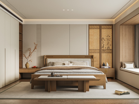 禅意新中式家居卧室 宋代美学卧室 宋氏床头背景墙 实木双人床su模型