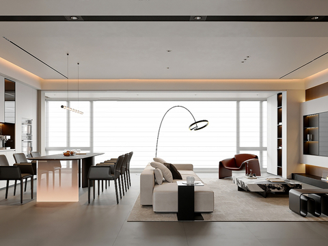 现代意式客餐厅 意式沙发茶几组合 意式极简餐桌椅 意式电视背su模型