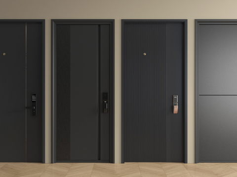 现代防盗门组合  单开门 平开门  指纹锁门su模型