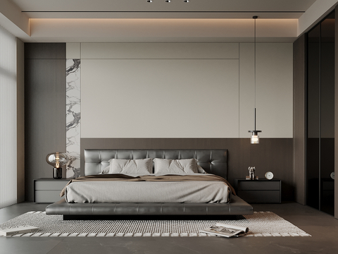 现代意式卧室 双人床 衣柜su模型