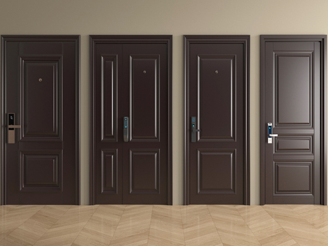 中古风防盗门 入户门指纹锁门 单开门 子母门su模型