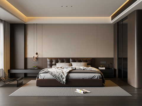 现代意式卧室 皮质双人床 床头柜 吊灯 休闲椅 地毯su模型