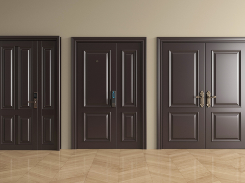 中古风防盗门 入户门 对开门 子母门 指纹锁门su模型