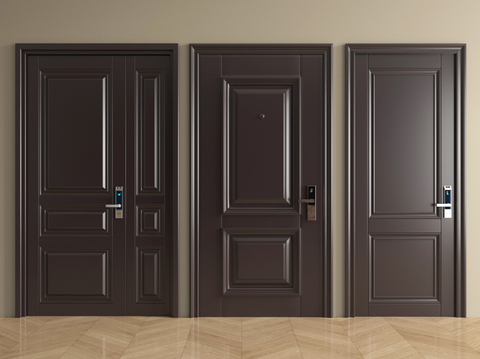 中古风防盗门 入户门 单开门 子母门 指纹锁门su模型