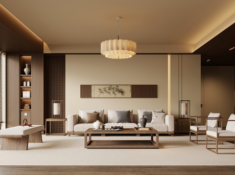 宋式风客厅 沙发背景墙 沙发茶几组合su模型