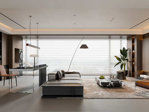 现代意式客厅 大平层 沙发茶几 书桌椅 电视背景墙 吊灯 书su模型