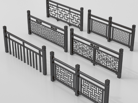 中式栏杆护栏 栅栏围栏 实木围栏护栏su模型
