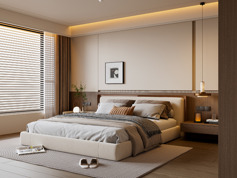 现代卧室 布艺双人床 床头柜 吊灯 挂画 地毯su模型su模型