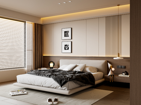 现代意式卧室 布艺双人床 床头柜 吊灯 挂画 地毯su模型