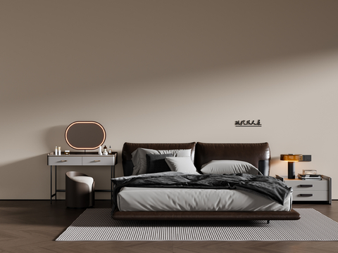 现代意式双人床 皮质双人床 床头柜 梳妆台 地毯su模型