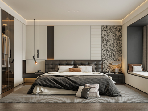 意式轻奢家居卧室 黑白灰卧室 皮质双人床 主卧床头背景墙su模型